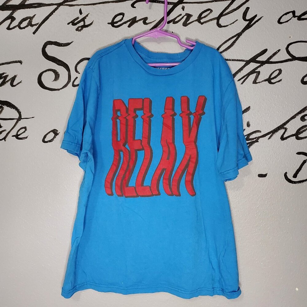 District Planet RELAX Teal Graphic Tee with Red Print, YXL